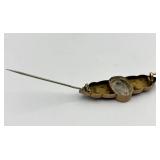 Stone Brooch Pin - Grey Inset with Gold Vein, Ornate Gold-Tone Filigree
