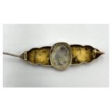 Stone Brooch Pin - Grey Inset with Gold Vein, Ornate Gold-Tone Filigree
