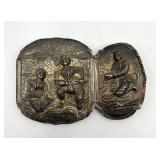 Inro Belt Fastener, Japanese Metal, 2-Panel Carved Figures, 3 x 4 1/4 in