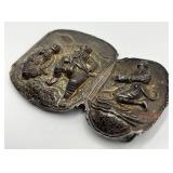 Inro Belt Fastener, Japanese Metal, 2-Panel Carved Figures, 3 x 4 1/4 in