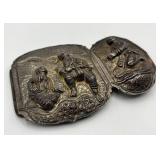Inro Belt Fastener, Japanese Metal, 2-Panel Carved Figures, 3 x 4 1/4 in