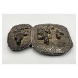 Inro Belt Fastener, Japanese Metal, 2-Panel Carved Figures, 3 x 4 1/4 in