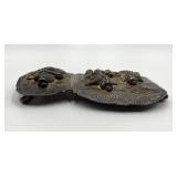 Inro Belt Fastener, Japanese Metal, 2-Panel Carved Figures, 3 x 4 1/4 in