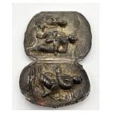Inro Belt Fastener, Japanese Metal, 2-Panel Carved Figures, 3 x 4 1/4 in