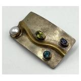 Handmade Brass Brooch Pin with Multicolor Gem Inlays - 1.5 x 1 in