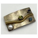 Handmade Brass Brooch Pin with Multicolor Gem Inlays - 1.5 x 1 in