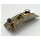 Handmade Brass Brooch Pin with Multicolor Gem Inlays - 1.5 x 1 in