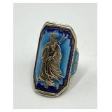 Silver Chinese Export Adjustable Ring - Blue Cloisonne Enamel, Figure Motif