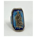 Silver Chinese Export Adjustable Ring - Blue Cloisonne Enamel, Figure Motif