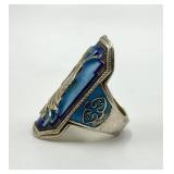Silver Chinese Export Adjustable Ring - Blue Cloisonne Enamel, Figure Motif