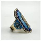 Silver Chinese Export Adjustable Ring - Blue Cloisonne Enamel, Figure Motif