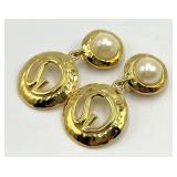 St. John Clip-On Earrings - Gold-Tone Hammered Hoops with Faux Pearls, 2.25 x 1.25 in