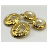St. John Clip-On Earrings - Gold-Tone Hammered Hoops with Faux Pearls, 2.25 x 1.25 in
