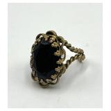West Germany Adjustable Ring - Large Black Stone With Gold-Tone Filigree