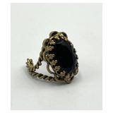 West Germany Adjustable Ring - Large Black Stone With Gold-Tone Filigree