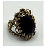 West Germany Adjustable Ring - Large Black Stone With Gold-Tone Filigree