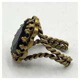 West Germany Adjustable Ring - Large Black Stone With Gold-Tone Filigree