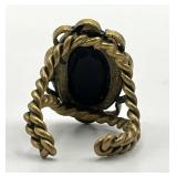West Germany Adjustable Ring - Large Black Stone With Gold-Tone Filigree