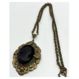 Black Onyx Cameo Pendant Necklace - 12.5-Inch Chain - Pendant 2.75 x 2 In