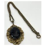 Black Onyx Cameo Pendant Necklace - 12.5-Inch Chain - Pendant 2.75 x 2 In
