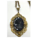 Black Onyx Cameo Pendant Necklace - 12.5-Inch Chain - Pendant 2.75 x 2 In