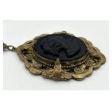 Black Onyx Cameo Pendant Necklace - 12.5-Inch Chain - Pendant 2.75 x 2 In