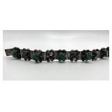 Sterling Silver 925 Green Onyx Link Bracelet - 8 Inch, 0.75 Inch Wide