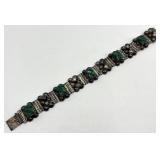Sterling Silver 925 Green Onyx Link Bracelet - 8 Inch, 0.75 Inch Wide
