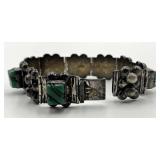 Sterling Silver 925 Green Onyx Link Bracelet - 8 Inch, 0.75 Inch Wide