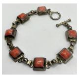 Mexican Silver Coral Stone Link Bracelet - 7 In