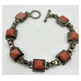 Mexican Silver Coral Stone Link Bracelet - 7 In