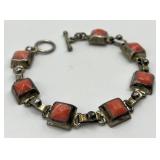 Mexican Silver Coral Stone Link Bracelet - 7 In