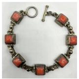 Mexican Silver Coral Stone Link Bracelet - 7 In