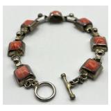 Mexican Silver Coral Stone Link Bracelet - 7 In