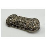 Antique German Sterling Silver Brooch Pin, 1.75 x 0.75 in, Intricate Filigree with Stones