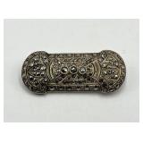 Antique German Sterling Silver Brooch Pin, 1.75 x 0.75 in, Intricate Filigree with Stones