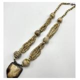 Carved Bovine Bone Bead Necklace - 15 In Length; Beads 0.75 In Dia; Pendant 1.75 In Sq X 0.5 In