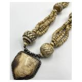 Carved Bovine Bone Bead Necklace - 15 In Length; Beads 0.75 In Dia; Pendant 1.75 In Sq X 0.5 In