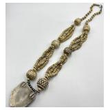 Carved Bovine Bone Bead Necklace - 15 In Length; Beads 0.75 In Dia; Pendant 1.75 In Sq X 0.5 In