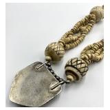 Carved Bovine Bone Bead Necklace - 15 In Length; Beads 0.75 In Dia; Pendant 1.75 In Sq X 0.5 In