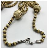 Carved Bovine Bone Bead Necklace - 15 In Length; Beads 0.75 In Dia; Pendant 1.75 In Sq X 0.5 In
