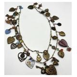 Charm Necklace 19 in with Hearts & Keys & Beads - Vintage Brass