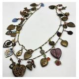 Charm Necklace 19 in with Hearts & Keys & Beads - Vintage Brass