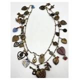 Charm Necklace 19 in with Hearts & Keys & Beads - Vintage Brass