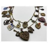 Charm Necklace 19 in with Hearts & Keys & Beads - Vintage Brass