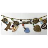 Charm Necklace 19 in with Hearts & Keys & Beads - Vintage Brass