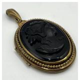 Onyx Cameo Locket Pendant - Gold-Tone Beaded Edge, 3 x 1.75 in (Open 3.25 x 2.25 in)
