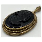 Onyx Cameo Locket Pendant - Gold-Tone Beaded Edge, 3 x 1.75 in (Open 3.25 x 2.25 in)