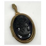 Onyx Cameo Locket Pendant - Gold-Tone Beaded Edge, 3 x 1.75 in (Open 3.25 x 2.25 in)