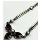 925 Sterling Silver Garnet & Seed Pearl Necklace, Teardrop Pendant, 8 inch Chain